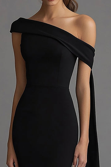 Crepe One Shoulder Sheath Black Tie Dress